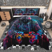 Manfei Splash Gamepad Lover Queen Comforter Set, Graffiti Artwork Bedding Sets, Modern Video Game Player Reversible Bedding Comforter Set, Microfiber Bedroom Decor, 3 Pieces