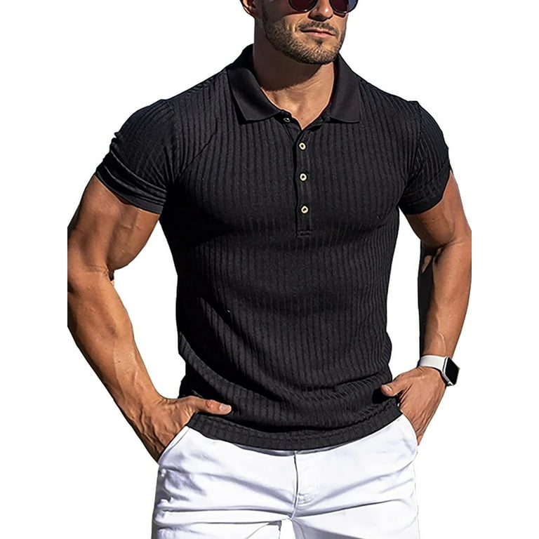 CenturyX Men's Muscle Polo Shirt Knit Ribbed Stretch Short Sleeve Workout  Tee Casual Slim Fit Golf T Shirts Black XXXL 