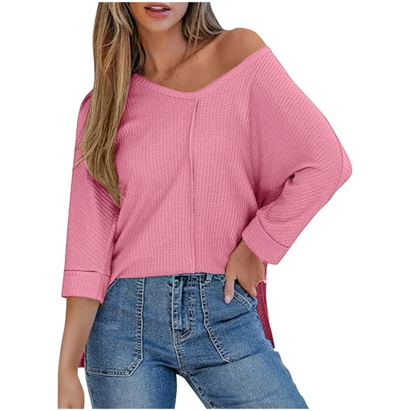 Mittory Oversized Long Sleeve Shirts for Women Off the Shoulder Sweatshirt Loose V Neck Tunic Tops High Low Sweater