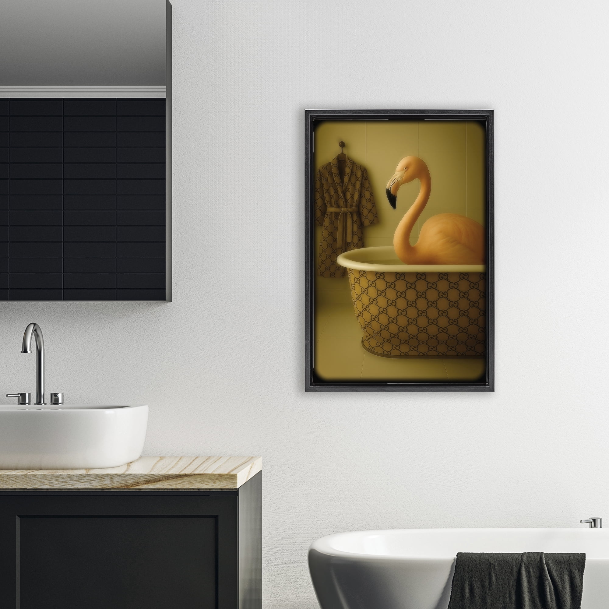 Stupell Industries Couture Flamingo in Luxury Tub Black Framed Floater Canvas Wall Art, design by Grotto Studios