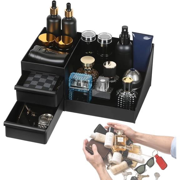 Cologne Organizer for Men, Cologne Holder for Dresser, Perfume Stand, Bathroom Countertop Organizer with Drawers - Black Vanity Storage for Skincare, Make Up - Fits Men Room Decor