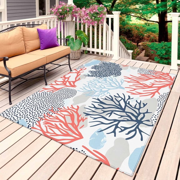 Blue Coral Outdoor Rug 3x5 Ft, Non Slip Washable Area Rug, Summer Watercolor Ocean Botanical Textured Patio Rugs Carpet Runner, Large Floor Mat for Indoor/Outdoor Deck Porch Camping
