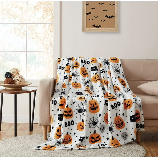 Halloween Throw Blanket Fuzzy Boo! Jack O'Lantern Spider s Skull