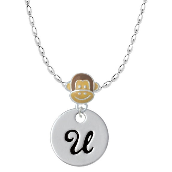 Delight Jewelry Silvertone Large Script Letter - U - 3/4'' Disc - Mia Monkey Charm Necklace