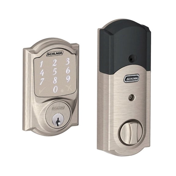 Restored Schlage Sense Smart Deadbolt with Camelot Trim Satin Nickel, Bluetooth Compatibility & Touchscreen Keypad BE479 CAM 619 (Refurbished)