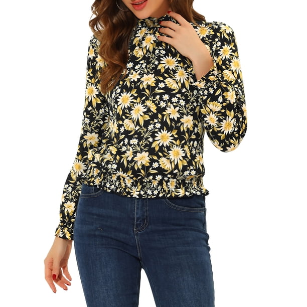 Blusa de mujer con cintura fruncida y dobladillo con volantes, cuello alto, floral y de puntos, color negro