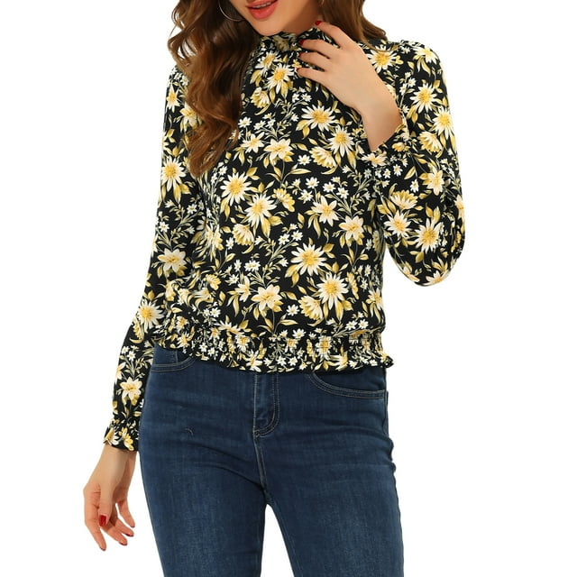 Blusa de mujer con cintura fruncida y dobladillo con volantes, cuello alto, floral y de puntos, color negro