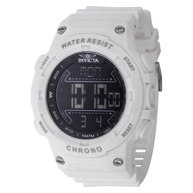 reloj invicta 47524 hombre blanco digital deportivo con caja y correa blancas de resina, bisel marcado "WATER RESIST", botones laterales (light, start, mode, reset), esfera negra con pantalla digital y logo Invicta en la parte superior; también suele usarse como reloj casual para actividades al aire libre.