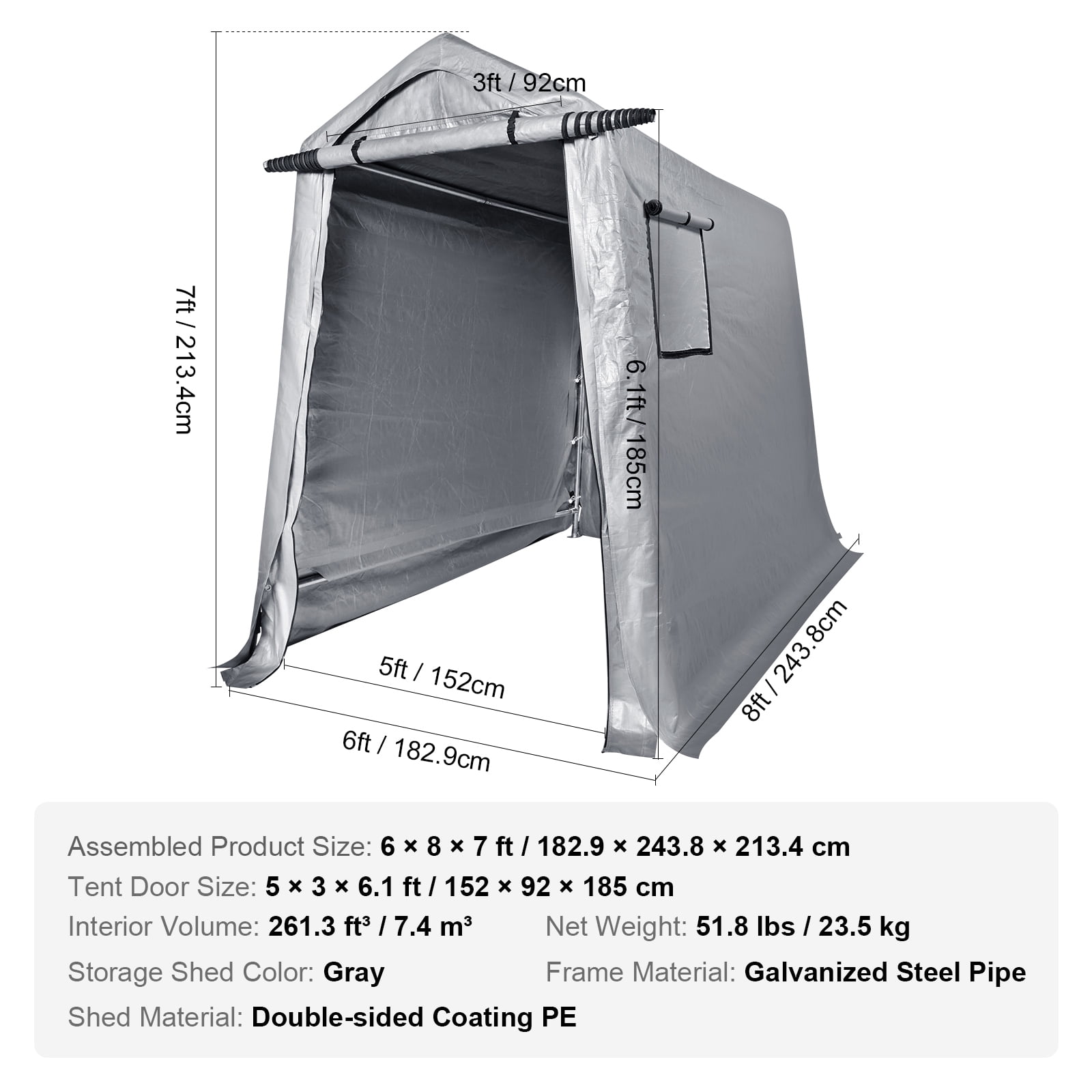KFFKFF 6 x 8x 7 ft Portable Outdoor Storage Shelter, Heavy Duty Garage Carport Shed Waterproof Storage Tent for Motorcycle, Boat or Garden Tools with Roll up Zipper Door & Vents, Grey
