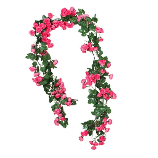 Guirnalda de flores artificiales colgantes de 180 cm con hojas verdes y rosas de seda. Rosa roja