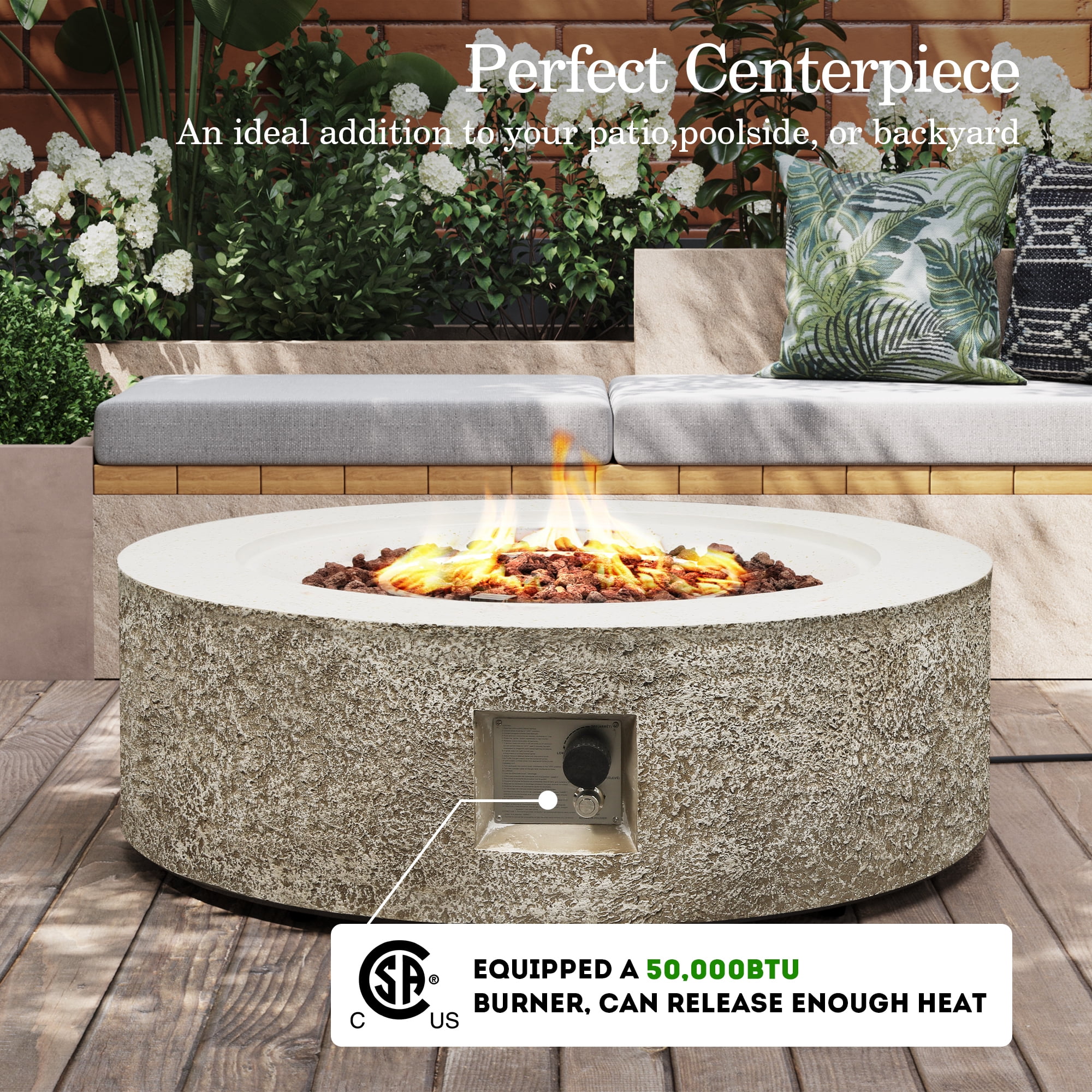 UPHA 42-inch Outdoor Propane Round Fire Pit Table 50000 BTU Gas Concrete FirePit for Outside Patio with Lava Rocks, Rain Cover, Beige