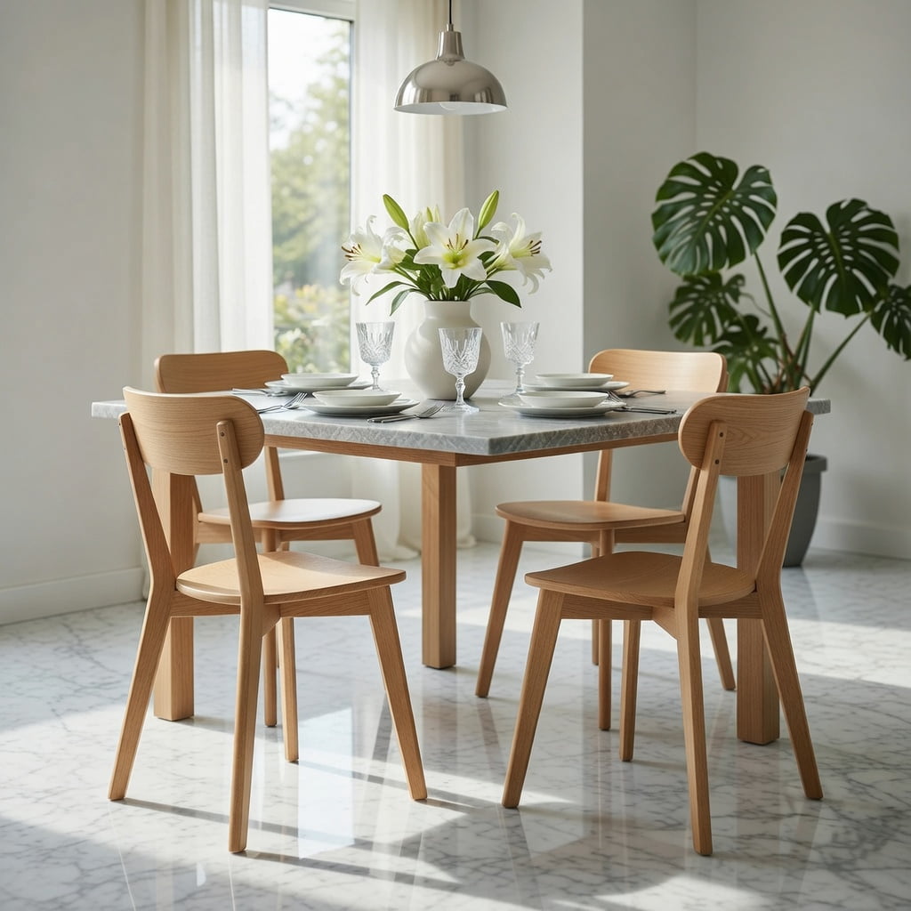 Hommoo 4 Pcs Mid Century Modern Solid Wood Dining Chairs, Ergonomic Curved Backrest, Adjustable Leveling Feet, for Dining Room, Kitchen & Living Room, Natural Wood
