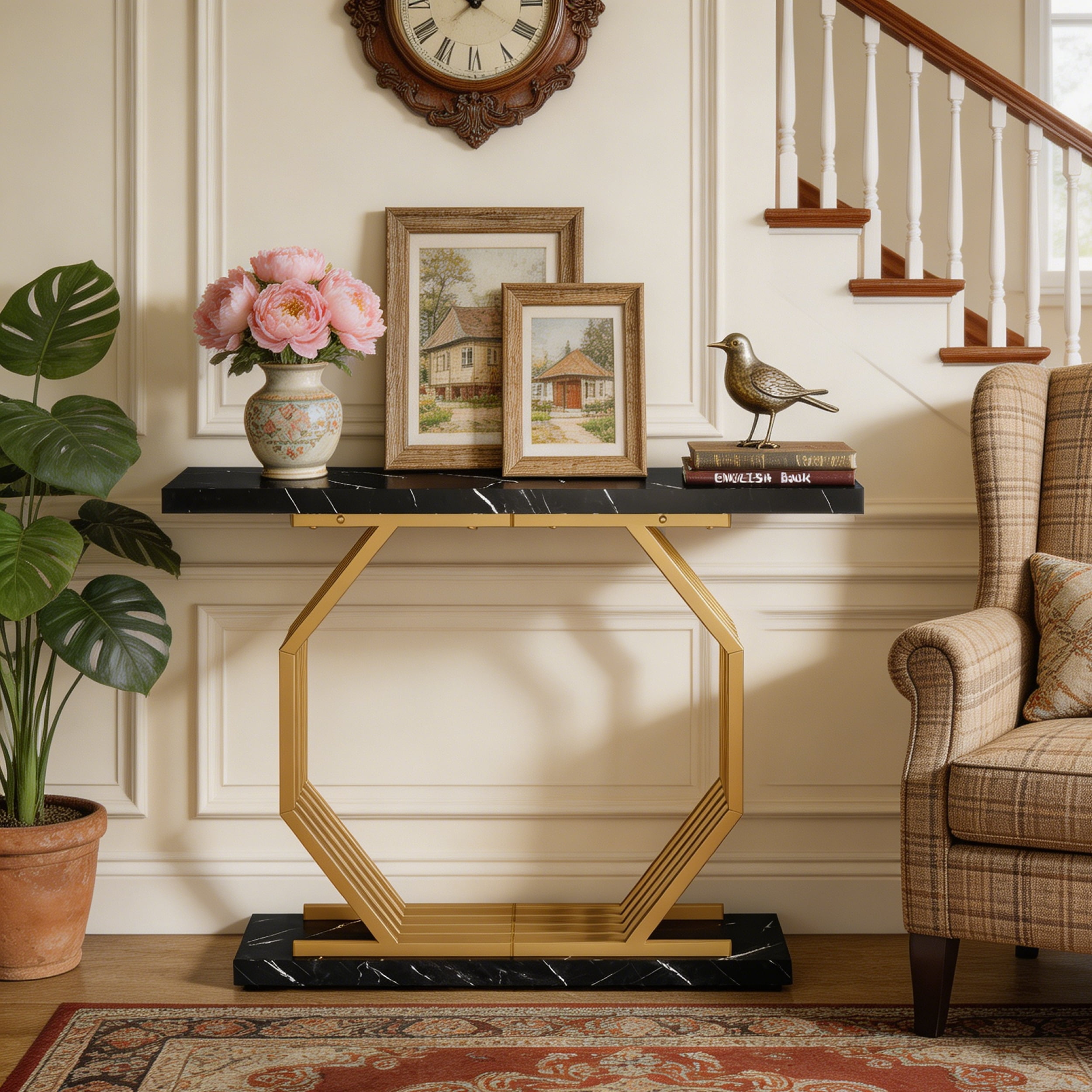 Fnova 40" Console Table, Faux Marble Entryway Table, Narrow Sofa Table with Geometric Metal Frame, Modern Accent Table for Living Room, Hallway, Foyer