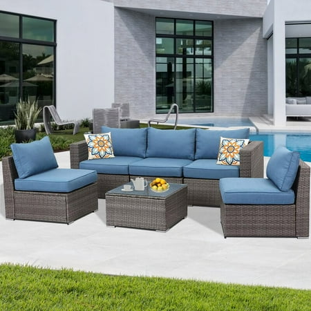 Superjoe 6 Pcs Patio Sectional Sofa Set Outdoor Conversation Set Blue