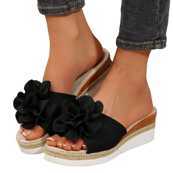 Flower Dress Sandals for Women 2025 Trendy Boho Summer Peep Toe Platform Slip on Espadrilles Wedge Slides