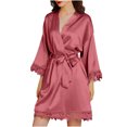 thumbnail image 2 of ZQGJB Women's Lace-Trim Silk Robes Bride Bridesmaid Kimono Wedding Party Nightwear Satin Bathrobe Sexy V Neck Sleepwear with 3/4 Sleeves, Sleepwear with Removable Waist Belt Red#03, 2 of 8