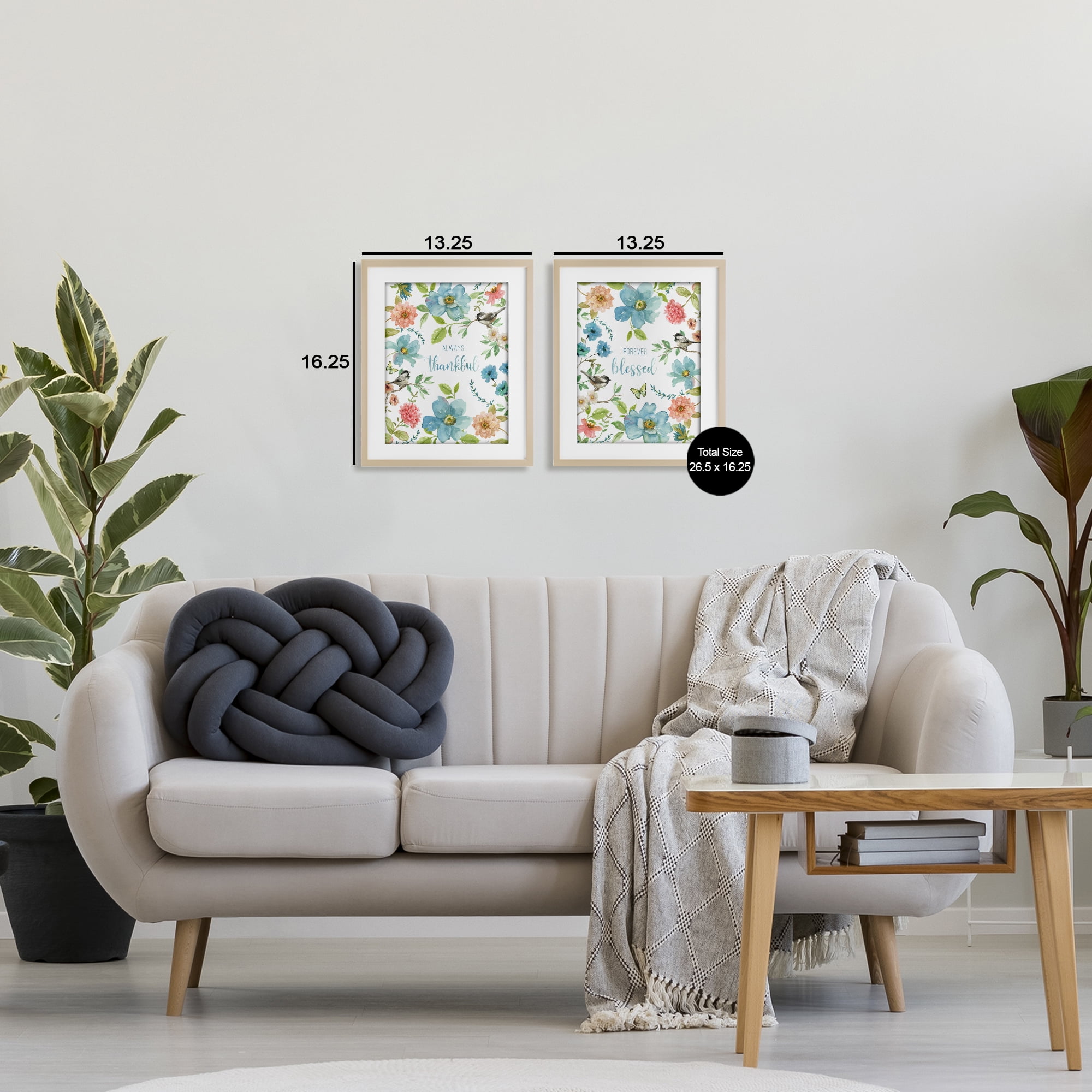 Stupell Industries Pink & Blue Gratitude Blooms 2 Piece Birch Framed Print Under Glass Set, design by Nan