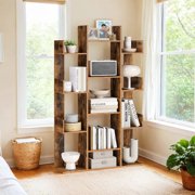 LEDREM Tree-Shaped Bookshelf - 13-Shelf Storage Unit with Rounded Corners, Wall-Mountable, Space-Saving Design, Rustic Brown