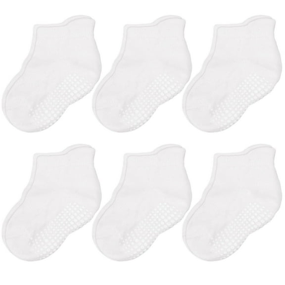 CozyWay Toddler Socks - Non-Slip Gripper Traction for Boys & Girls - Cotton Ankle Sock - 1T-3T, White, 6-Pack