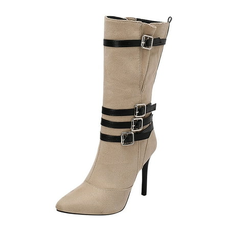 OJSFQUFP Womens Shoes Winter Warm Boots Women Shoes Fashion Ankle Long Boots Thick High Heels Over Knee Pleated Suede Long Boots Rain Shoes for Women Beige 40