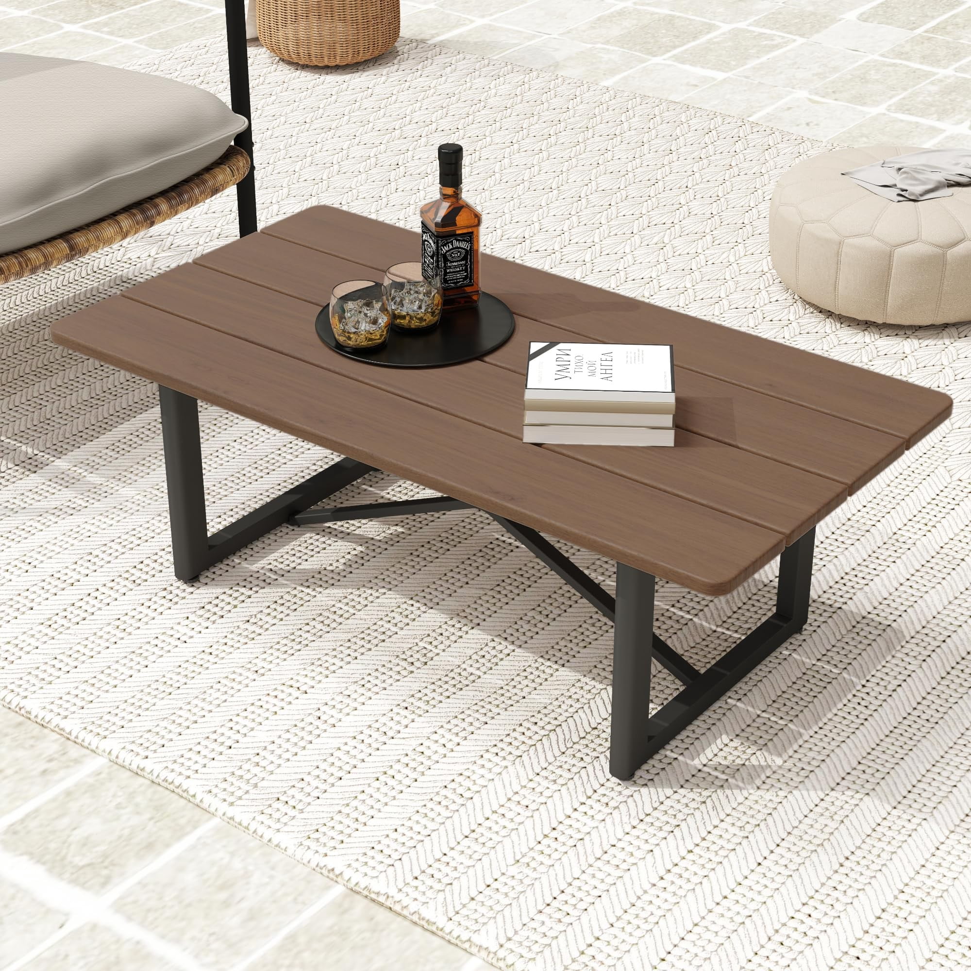 Aluminum Outdoor Patio Coffee Table with Acacia Wood Top, Rectangle Table, Weather-Resistant for Garden, Balcony, Backyard