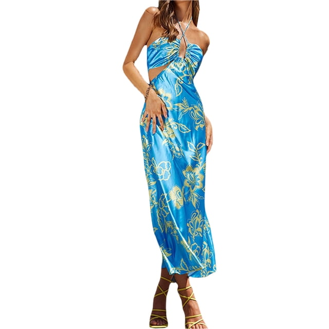 VISgogo Vestido sin mangas con cuello halter para mujer, atado con pliegues sin espalda Raya de cebra / Recorte con estampado de flores de una sola pieza VISgogo moda