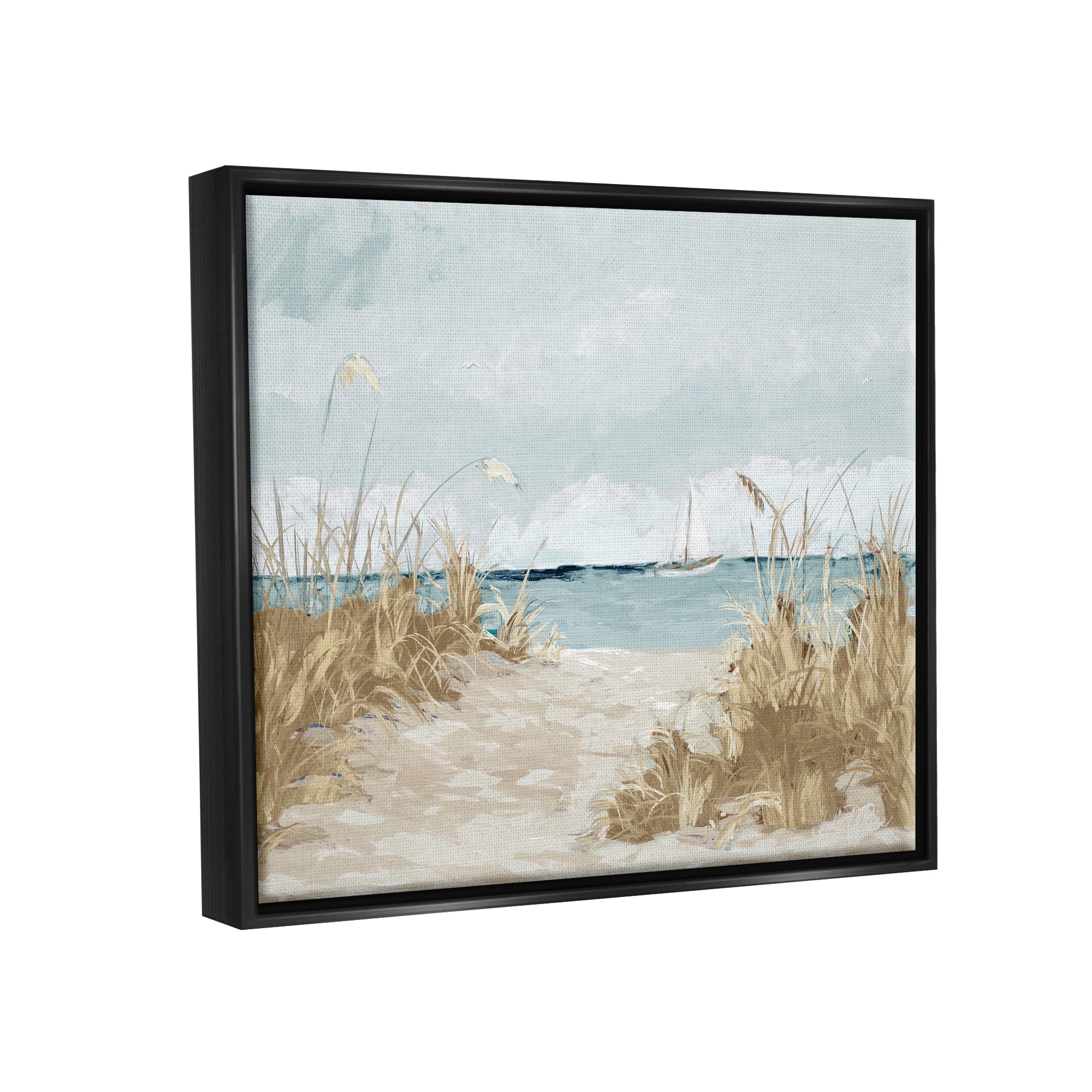 Stupell Industries Sandy Beach Walkway Distant Sailboats Floating Sea Painting Jet Black Floating Framed Canvas Print Wall Art, Design by Julie Derice