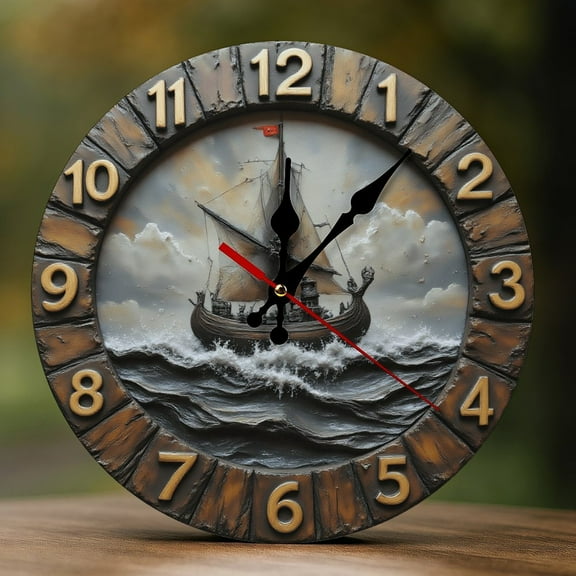 Wall Clock Decorative - Vintage Brown Viking Ship Print 2D Vintage Wall Clocks Battery Operated Silent Non-Ticking for Bedroom, Living Room, Kitchen, Office, Classroom, 10 Inch