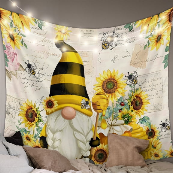 Yellow Gnomes Large Tapestry for Bedroom Wall Hanging Tapestry, Sunflower Floral Bee Vintage Ceiling Backdrop Tapestries Poster Blanket Wall Decor for Teens Room Living Room Dorm 100" x 59"