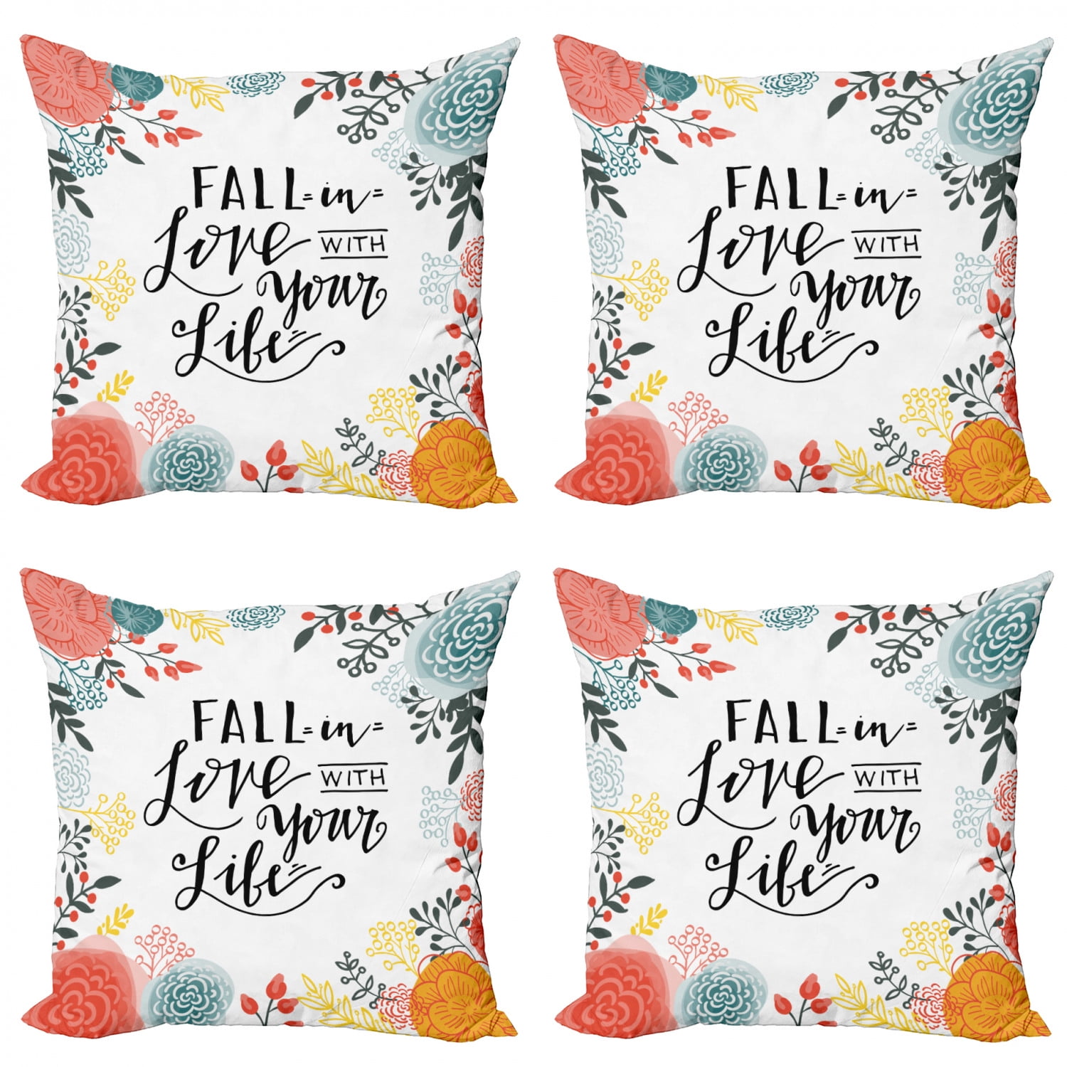 Saying Throw Pillow Cushion Case Pack Of 4 Fall In Love With Your Life Lettering With Botanical Frame Modern Accent Double Sided Print 4 Sizes Charcoal Grey Multicolor By Ambesonne Walmart Com