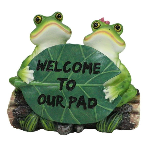 Welcome To Our Pad Green Frog Couple Sitting On Log With Lilypad Sign Figurine