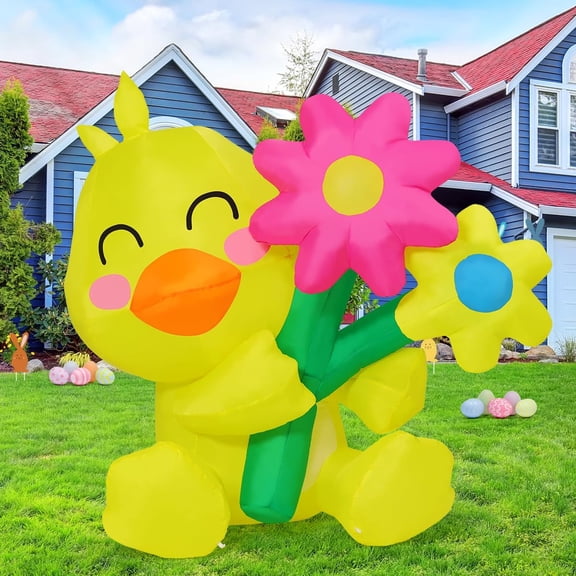 5.2 FT Easter Inflatables Chicken Outdoor Decorations Blow Up Chick Spring Flower with Built-in LEDs for Indoor Yard Garden Lawn Decoration