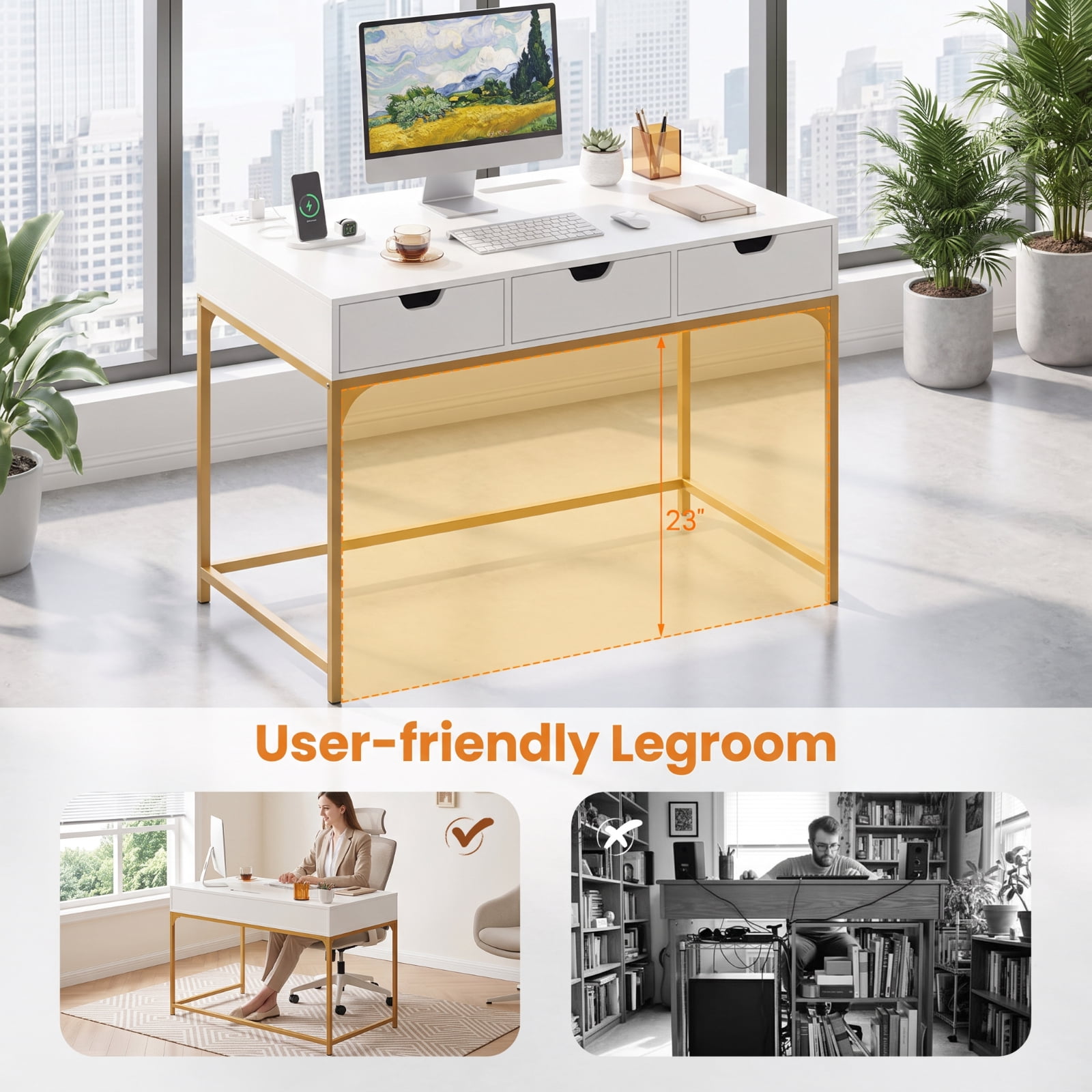 Furnibear Office Desk with Power Outlet and Drawers, Writing Desk with Hidden Storage Compartment and Charging Station for Study, White and Gold