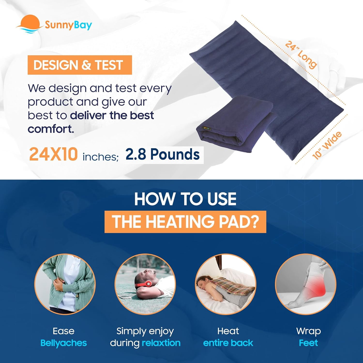 SunnyBay Extra Large Microwave Heating Pad 10x24 Inches - Moist Heating Pad for Pain Relief - Wheat Filling and Washable Fleece Cover, Blue
