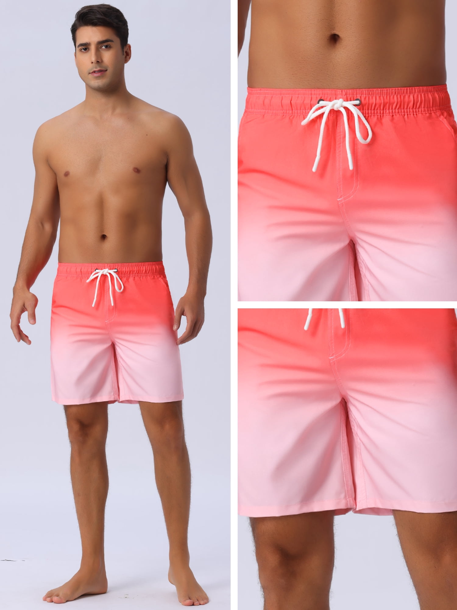 DARING DIVA Men's Gradient Color Drawstring Elastic Waist Lining Swimming Trunks 34 Pink
