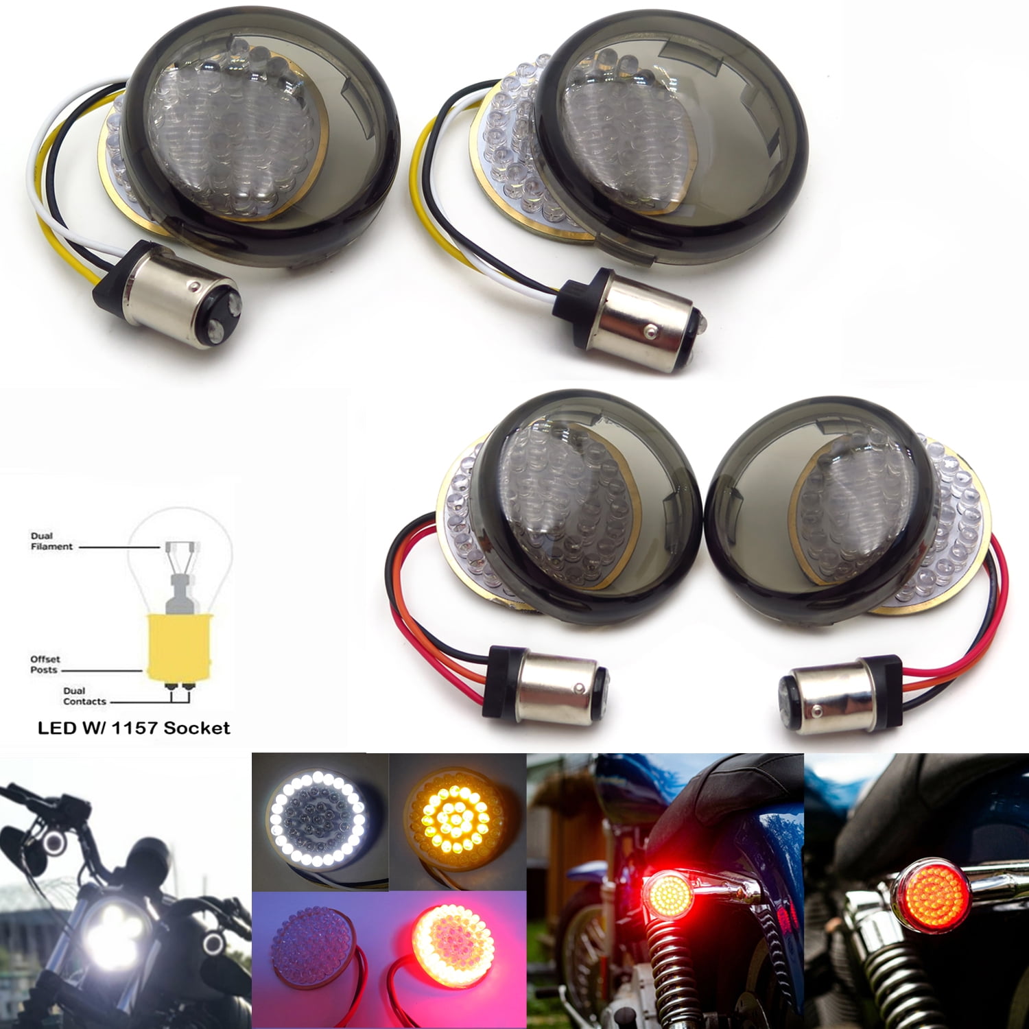 HTTMT 2" LED 1157 Front and Rear Turn Signal Lights Inserts +Smoke Lens Fit Compatible with
