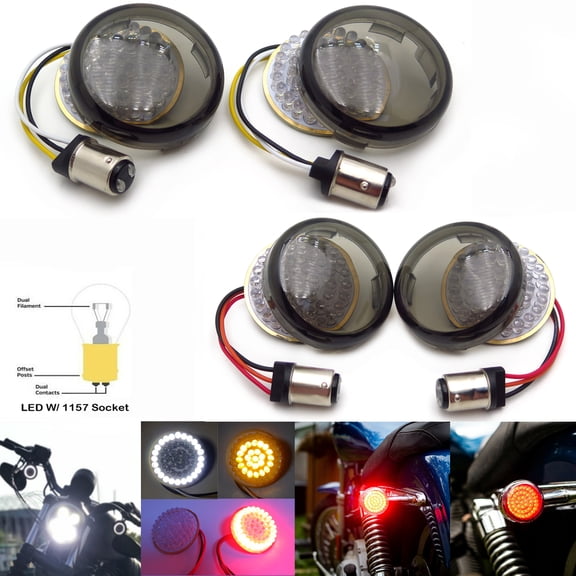 HTTMT- 2" LED 1157 Front and Rear Turn Signal Lights Inserts Smoke Lens Fit Compatible with Harley
