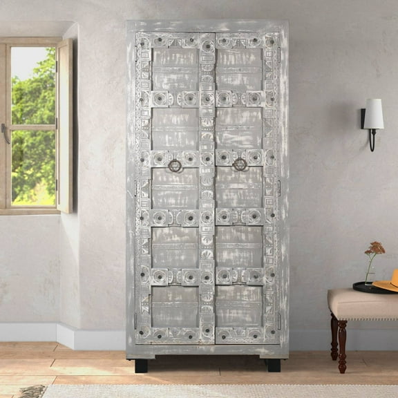 Distressed Finish 72 Inch Tall Farmhouse Style Armoire with 2 Doors | Mid-Century Modern Handcarved Gray Cabinet | Vintage Mango Wood