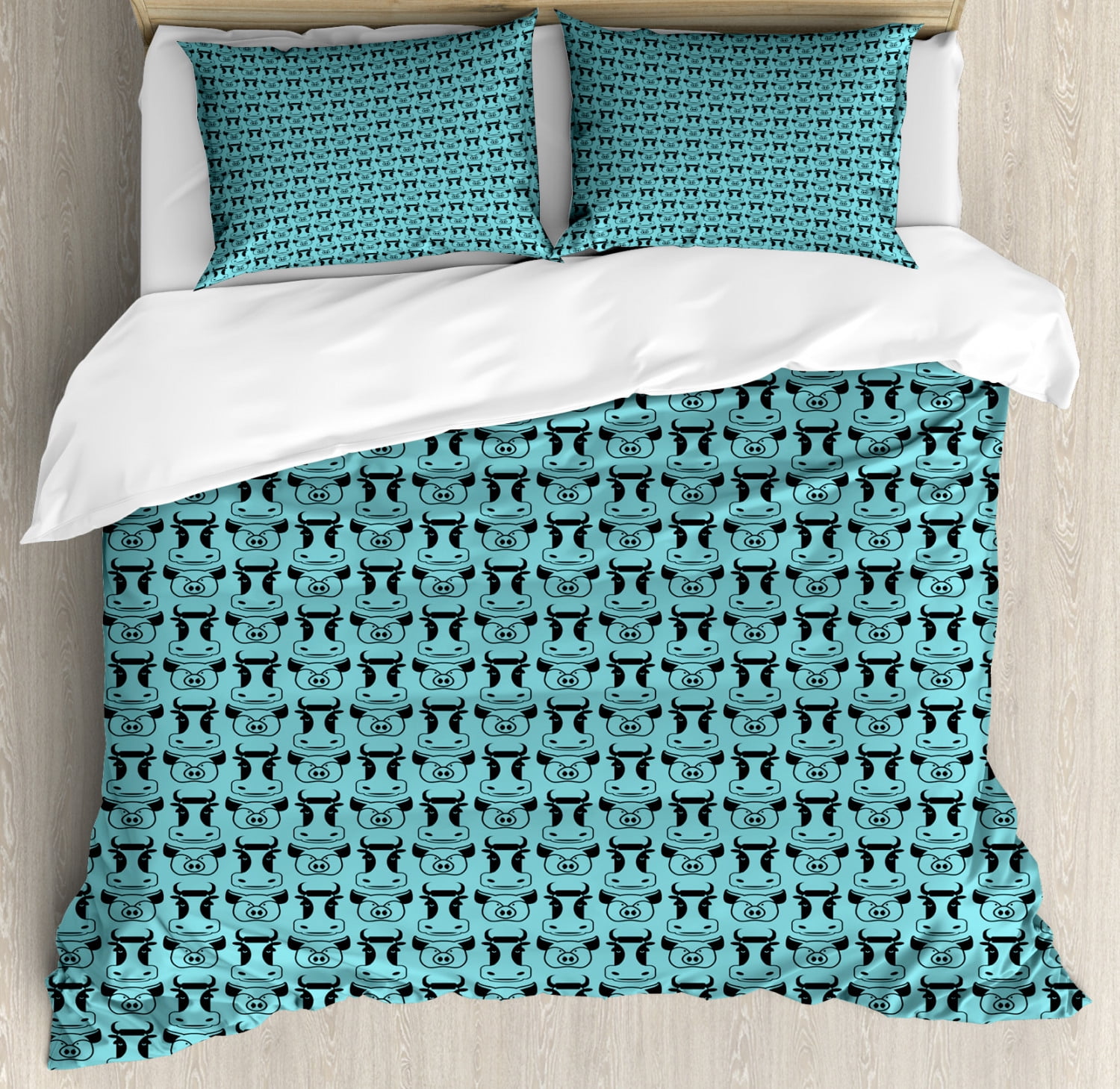 Blue And Black Duvet Cover Set King Size Cow And Pig Pattern Head