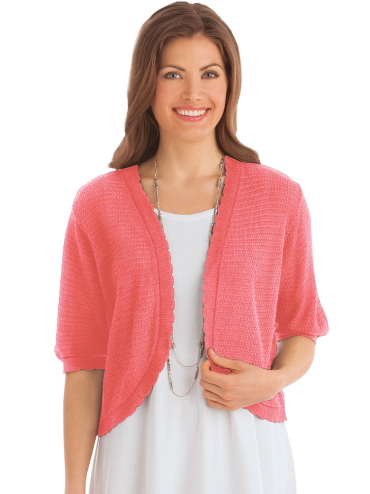 Collections Etc. OpenFront Stitched Short Sleeve Shrug, Lightweight