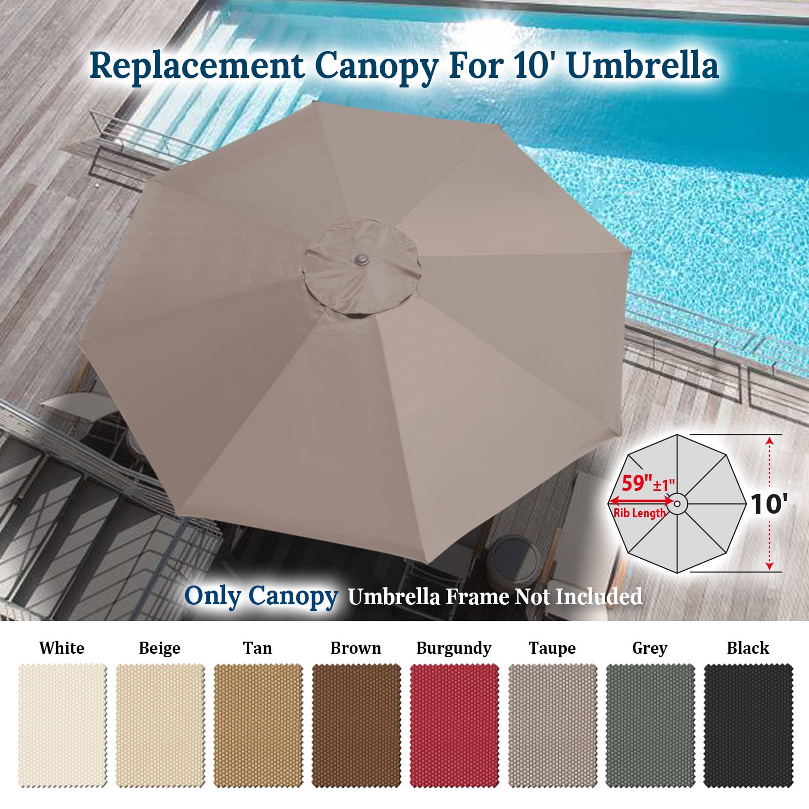Sunrise 10' Umbrella Canopy Top Cover Patio Replacement Top Cover 8 Ribs Outdoor Sunshade (Taupe, Cover only, Frame not Included)