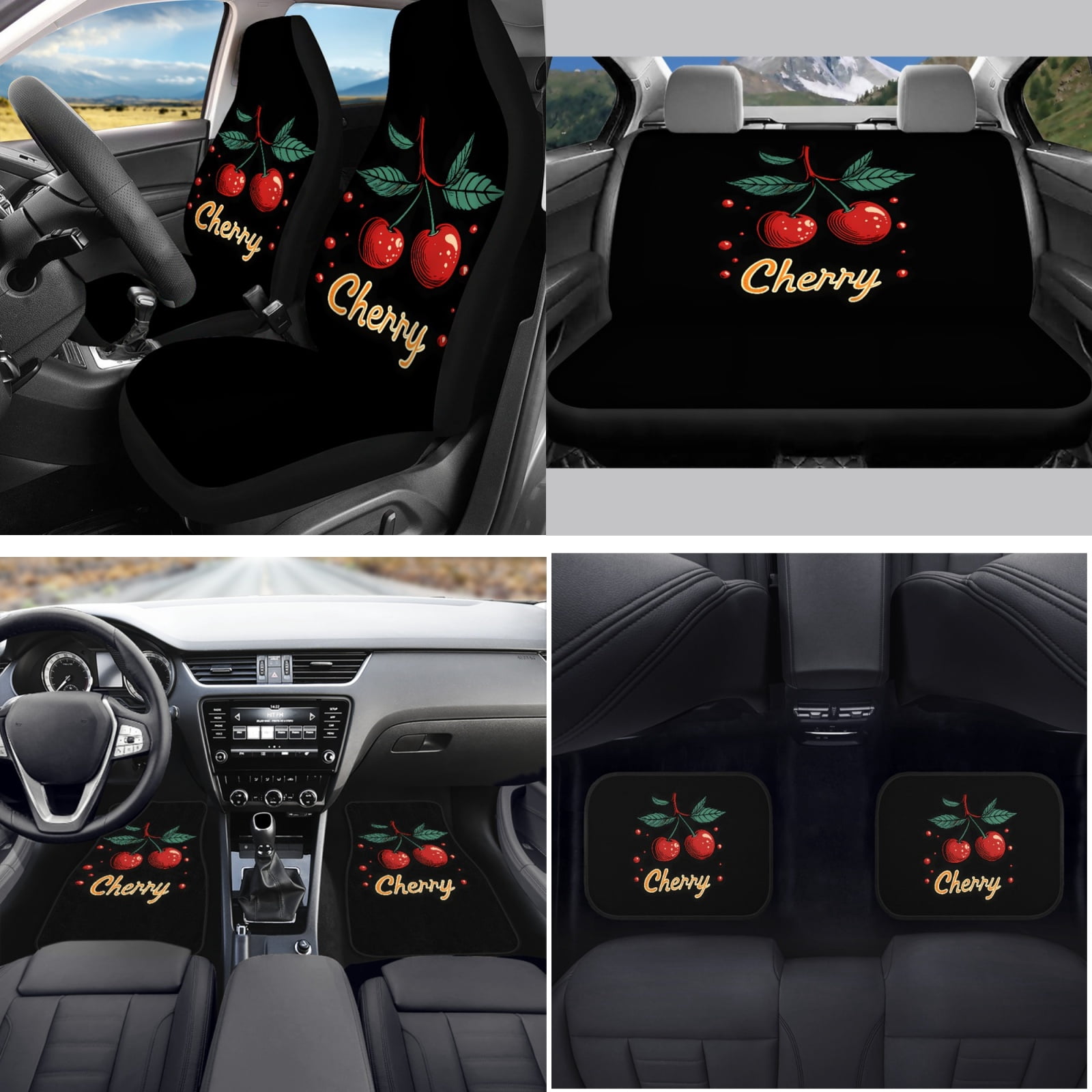 Yuyamidu Cherry Car Seat Cover with Carpet Mats Cute Steering Wheel Cover Seat Belt Strap Pad Handbrake Gear Shift Knob Cover Coasters 15 PCS