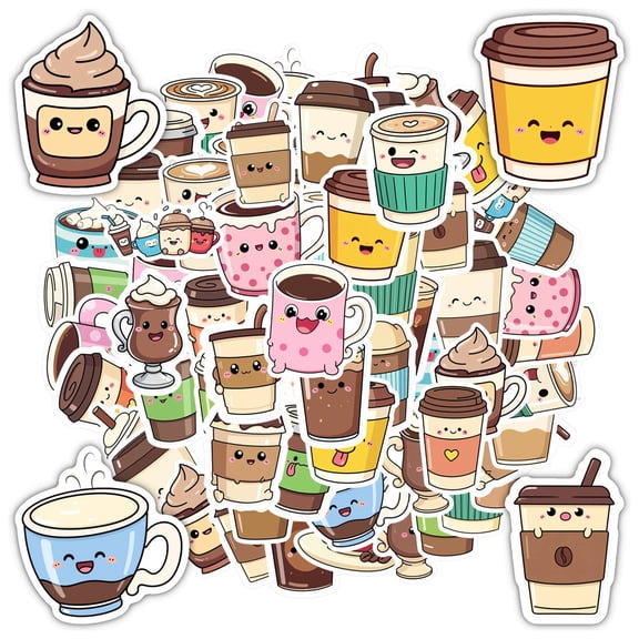 35pcs Adorable Coffee Stickers Cartoon Cups Funny Decals for Laptops Phones Notebooks