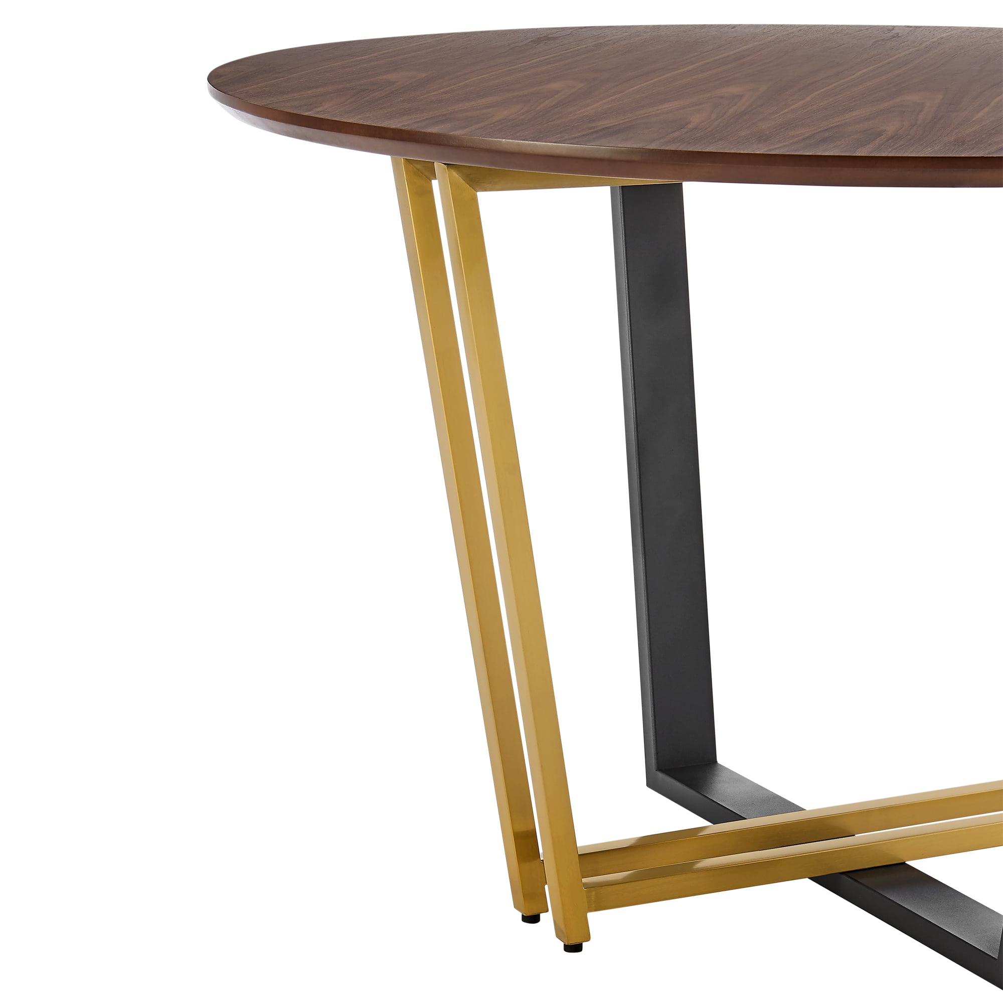 Joana 48" Round Dining Table in Gold Stainless Steel and Black Iron Base with Walnut Tabletop