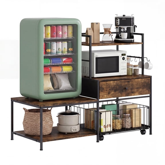 Mini Fridge Stand with Storage & Metal Drawers – 35.8" Kitchen Organizer Shelf for Mini Fridge/Microwave – Burnt Brown Baker's Rack Style for Small Spaces