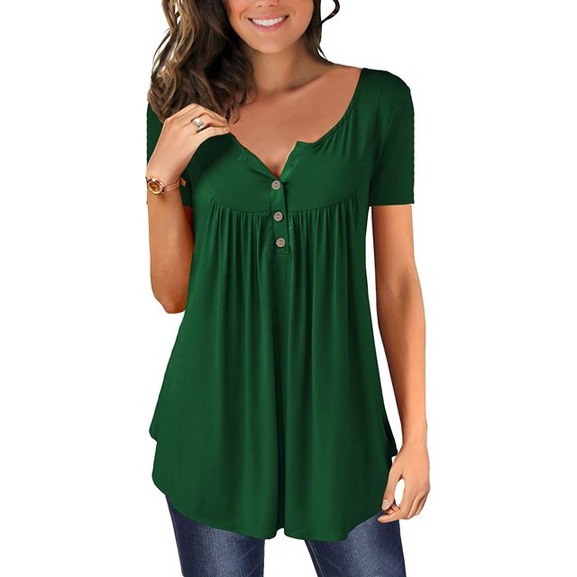 Women's Short Sleeve Henley Shirts Ruffle Casual Tunic Tops Solid Color
