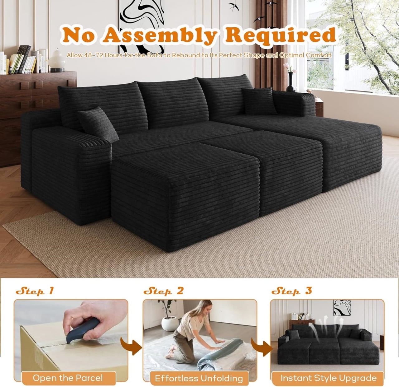 94'' Cloud Sectional Sofa with 2 Ottomans, Modular Upholstered Sofa Couch with Deep Seat, Plush Corduroy Fabric U Shaped Sofa for Living Room, Right Facing Chaise