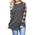 thumbnail image 2 of Camiseta de mujer Cuello redondo Manga larga Empalme Plaid Top Casual, Caqui Plaid, L Methold AP000777-10, 2 of 7
