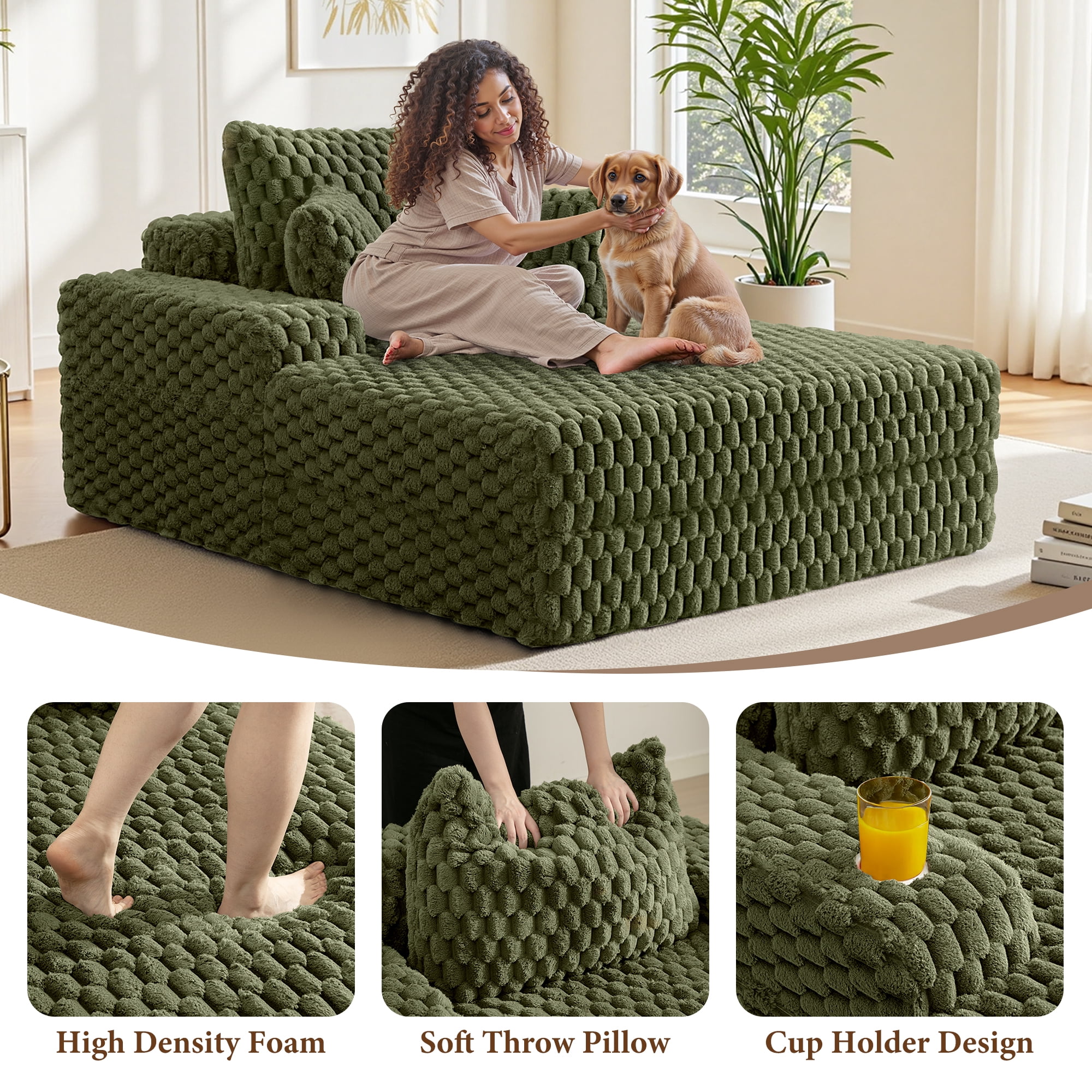 ATHOPE 67" Chaise Lounge Chair Indoor, Corduroy Couch Chair with Pillows, Comfy Reading Chairs with Wide Arms, Upholstered Sleeper Sofa for Living Room, No Assembly Required, Green