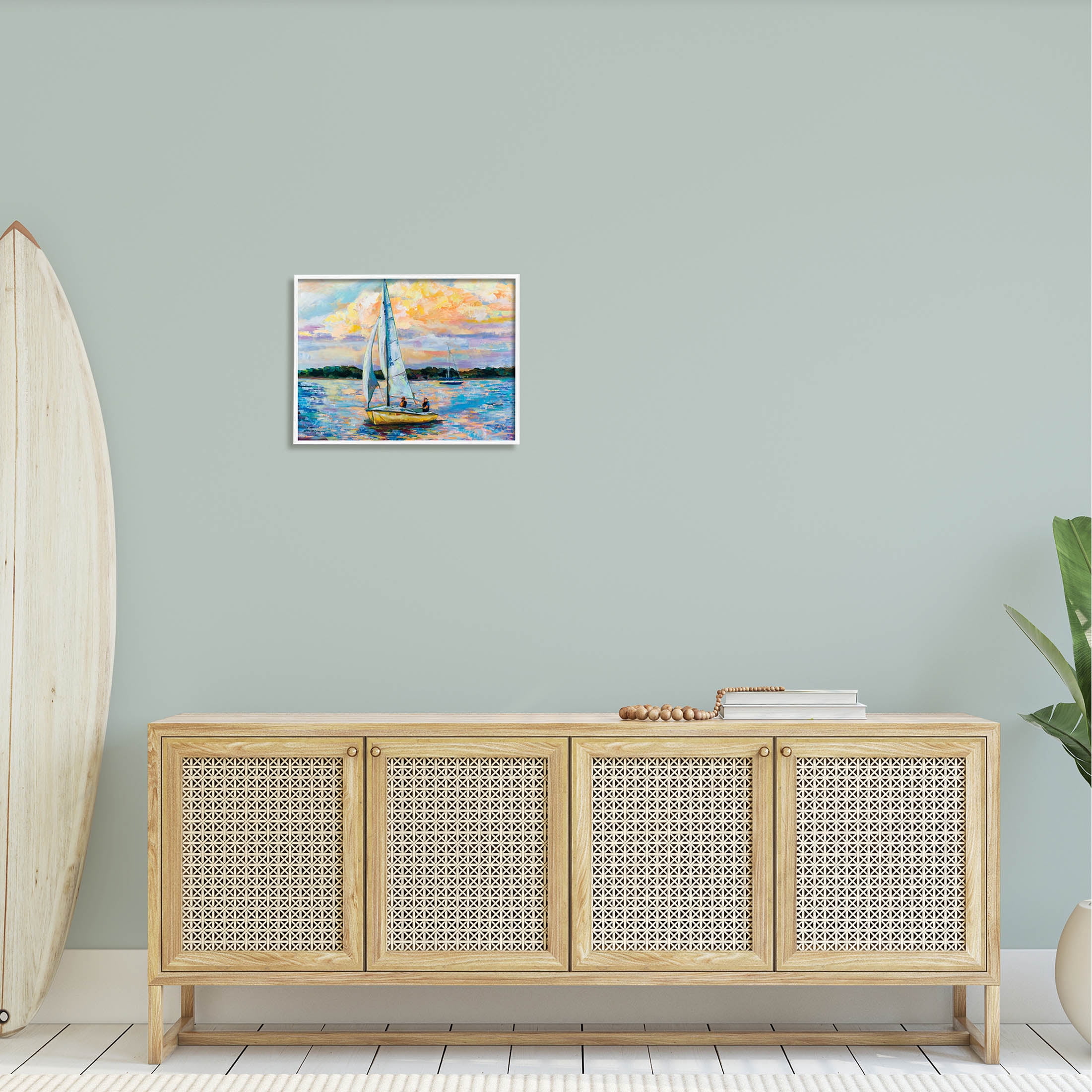 Stupell Industries Vivid Nautical Sailboat Landscape Painting White Framed Art Print Wall Art, Design by Jeanette Vertentes